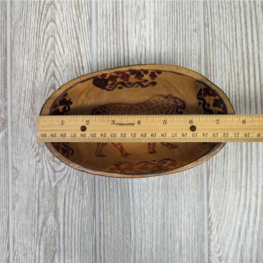 Old Vintage Large Heavy African Mahogany Wood Bowl with Tiger Hand Carved 8”